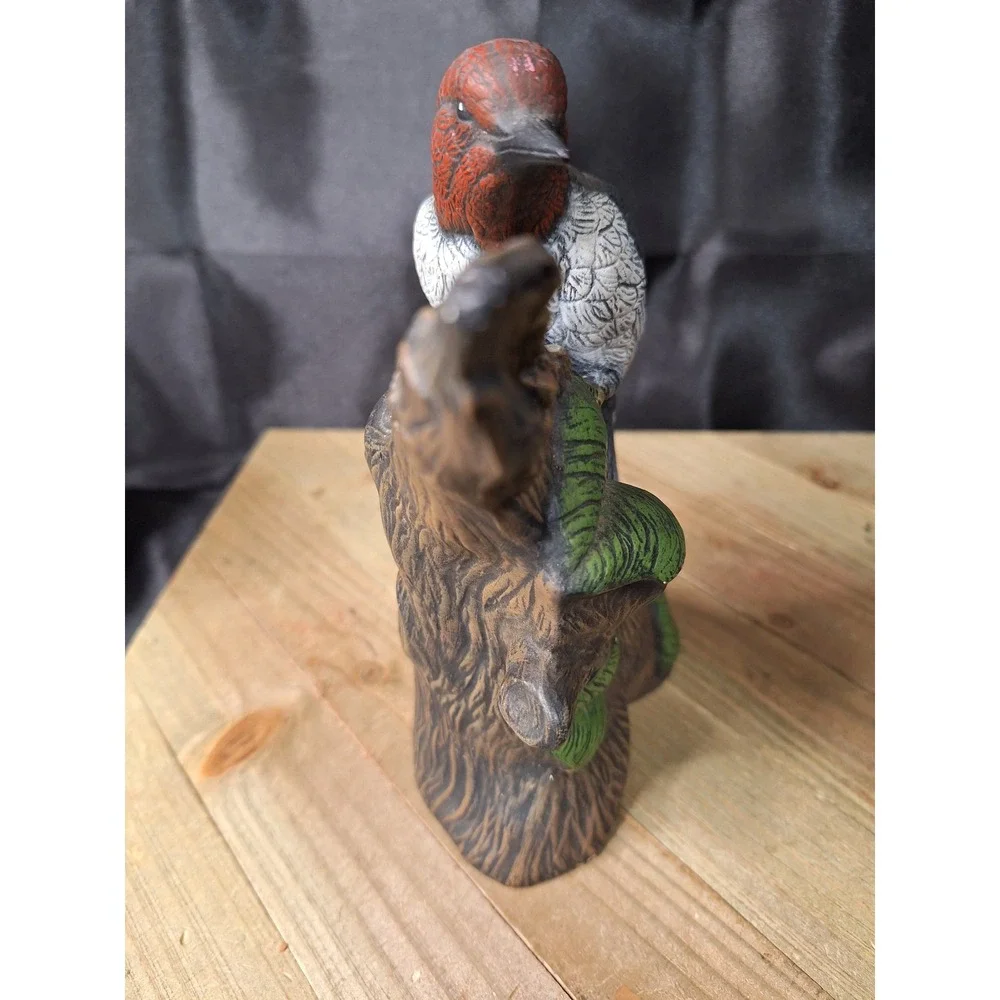 Vintage Red Headed Woodpecker Ceramic Figurine Bird on Tree Stump Statue 8.5